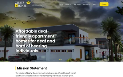 Zephyr Seven Homes home page: "Affordable deaf-friendly apartment homes for deaf and hard of hearing individuals" over a rendering of apartment homes